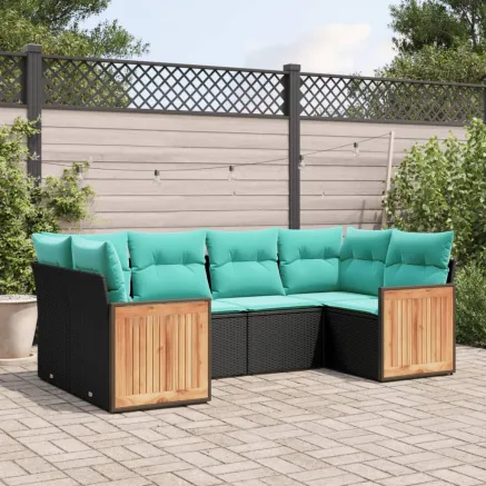 Salon de jardin 6 pcs avec coussins noir résine tressée