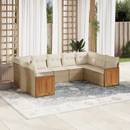 Salon de jardin avec coussins 9 pcs beige résine tressée