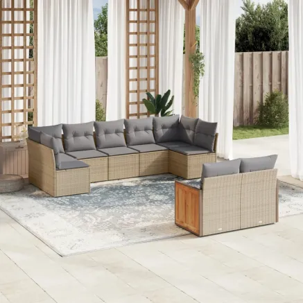 Salon de jardin avec coussins 9 pcs beige résine tressée
