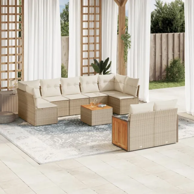 Salon de jardin avec coussins 10 pcs beige résine tressée