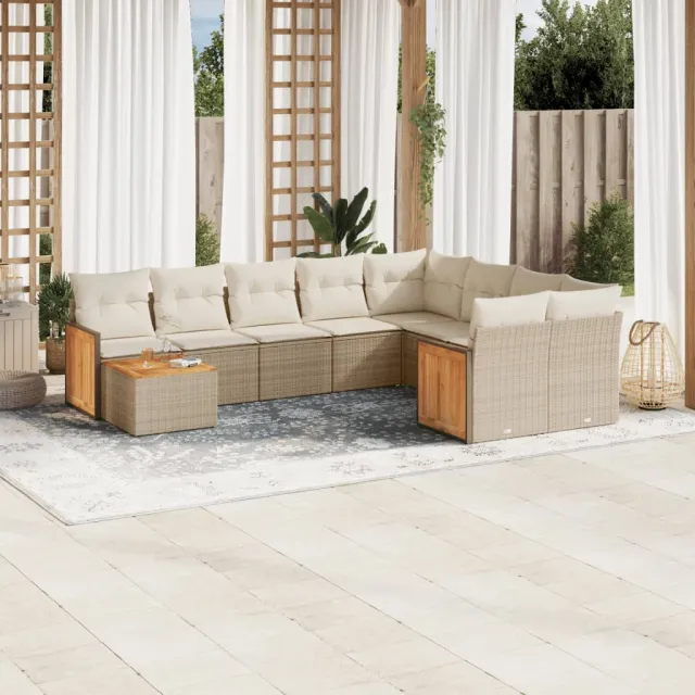 Salon de jardin avec coussins 10 pcs beige résine tressée