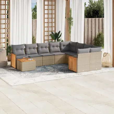 Salon de jardin avec coussins 10 pcs beige résine tressée