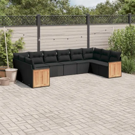 Salon de jardin 10 pcs avec coussins noir résine tressée