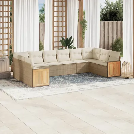 Salon de jardin avec coussins 10 pcs beige résine tressée