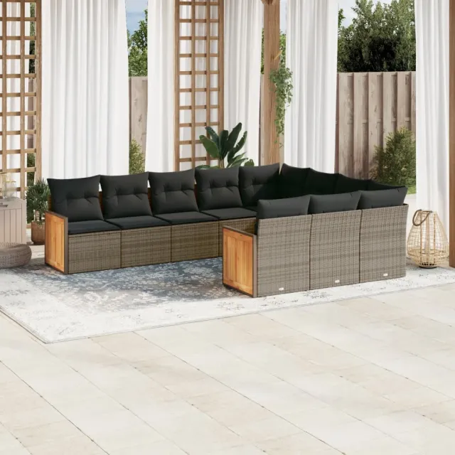 Salon de jardin avec coussins 10 pcs gris résine tressée