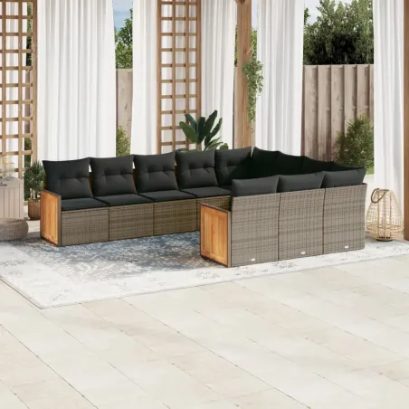 Salon de jardin avec coussins 10 pcs gris résine tressée