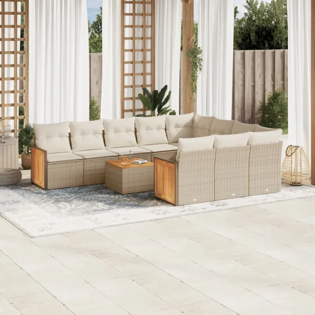 Salon de jardin 11 pcs avec coussins beige résine tressée