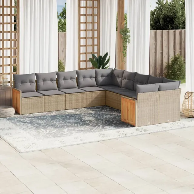 Salon de jardin avec coussins 10 pcs beige résine tressée