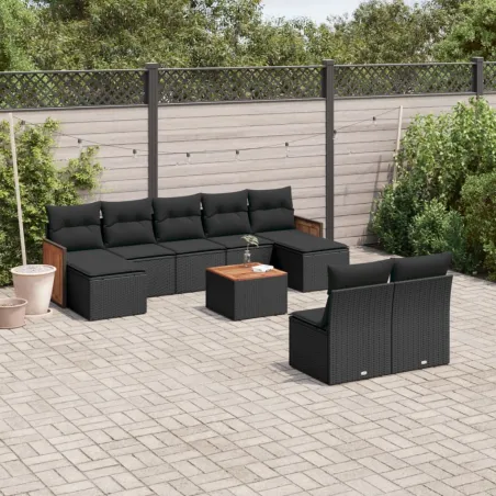 Salon de jardin 10 pcs avec coussins noir résine tressée