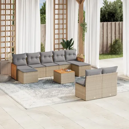 Salon de jardin avec coussins 10 pcs beige résine tressée