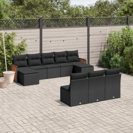 Salon de jardin 10 pcs avec coussins noir résine tressée