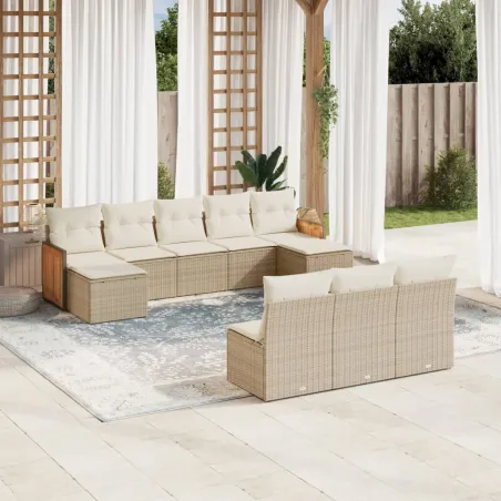Salon de jardin avec coussins 10 pcs beige résine tressée