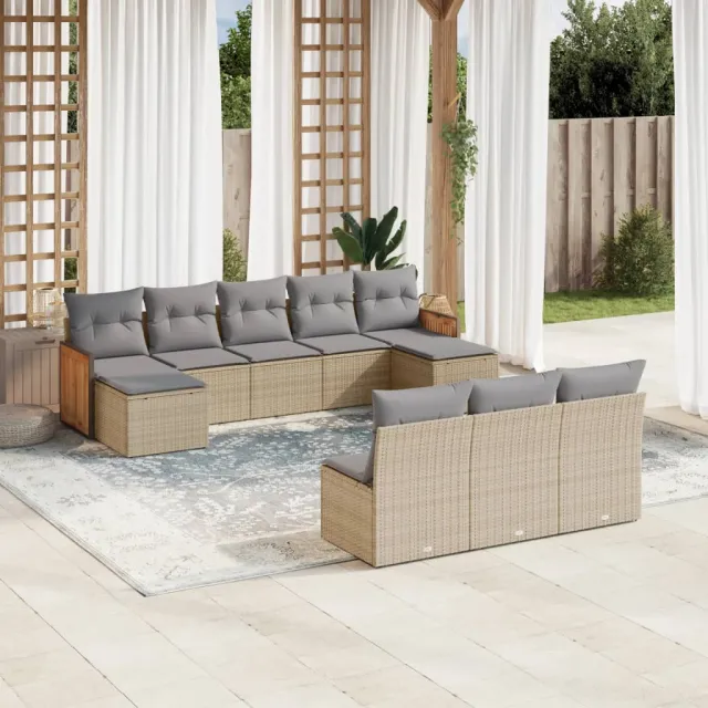 Salon de jardin avec coussins 10 pcs beige résine tressée