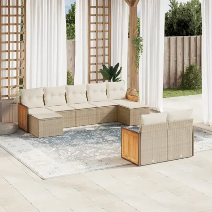 Salon de jardin avec coussins 9 pcs beige résine tressée