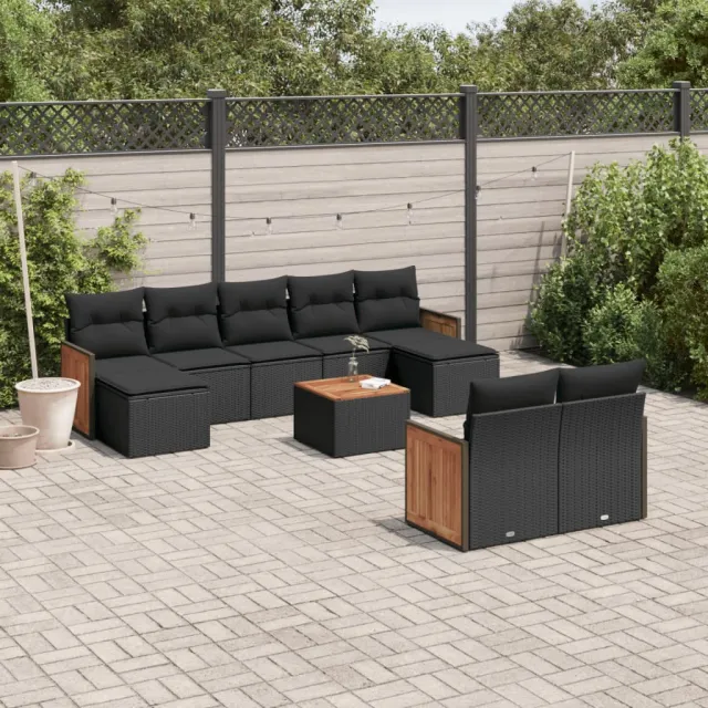 Salon de jardin 10 pcs avec coussins noir résine tressée