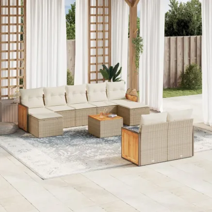 Salon de jardin avec coussins 10 pcs beige résine tressée