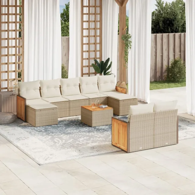Salon de jardin avec coussins 10 pcs beige résine tressée