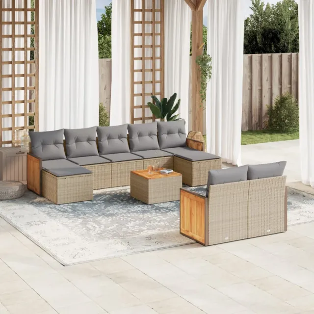 Salon de jardin avec coussins 10 pcs beige résine tressée