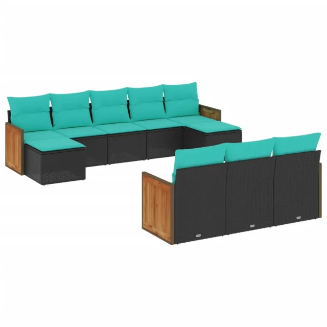 Salon de jardin 10 pcs avec coussins noir résine tressée