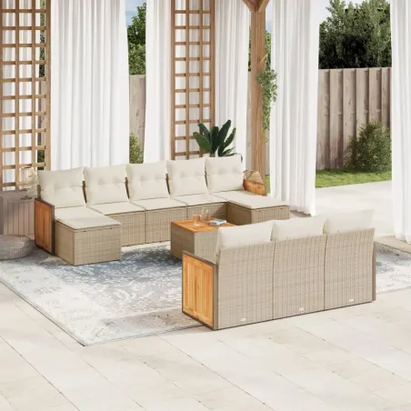 Salon de jardin 11 pcs avec coussins beige résine tressée