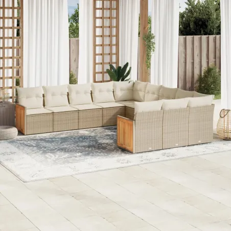 Salon de jardin 11 pcs avec coussins beige résine tressée