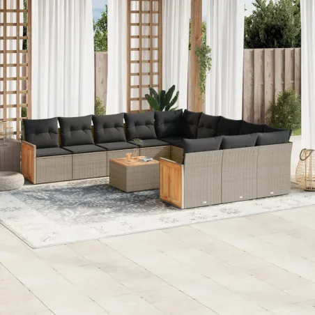Salon de jardin avec coussins 12 pcs gris résine tressée