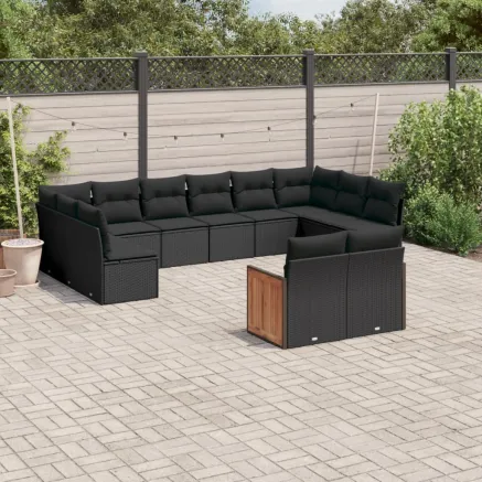 Salon de jardin 12 pcs avec coussins noir résine tressée
