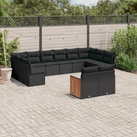 Salon de jardin 12 pcs avec coussins noir résine tressée