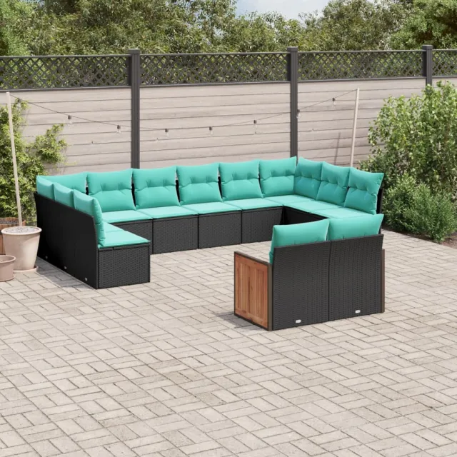 Salon de jardin avec coussins 12 pcs noir résine tressée