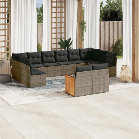 Salon de jardin avec coussins 12 pcs gris résine tressée