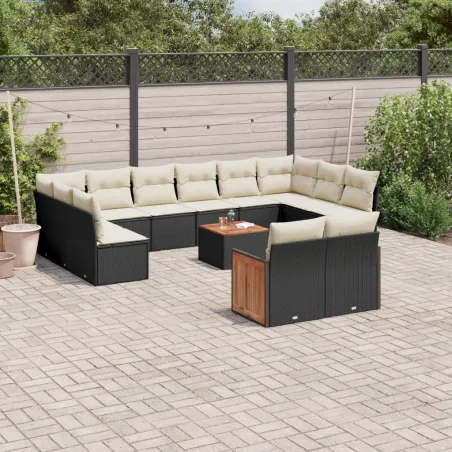 Salon de jardin avec coussins 13 pcs noir résine tressée