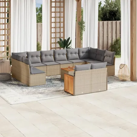 Salon de jardin avec coussins 13 pcs beige résine tressée