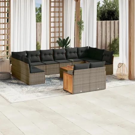 Salon de jardin avec coussins 13 pcs gris résine tressée