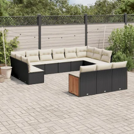 Salon de jardin avec coussins 13 pcs noir résine tressée