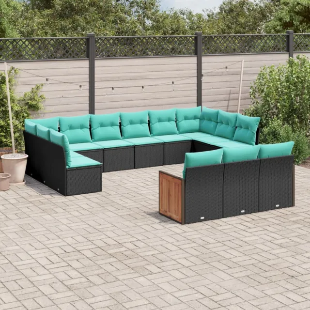 Salon de jardin avec coussins 13 pcs noir résine tressée