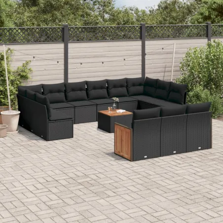 Salon de jardin avec coussins 14 pcs noir résine tressée