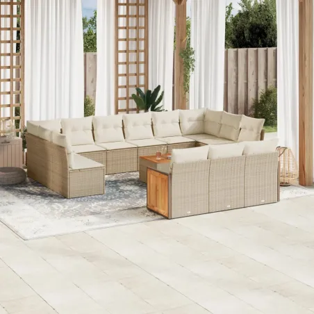 Salon de jardin avec coussins 14 pcs beige résine tressée