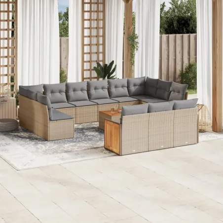 Salon de jardin avec coussins 14 pcs beige résine tressée