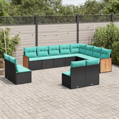 Salon de jardin avec coussins 12 pcs noir résine tressée