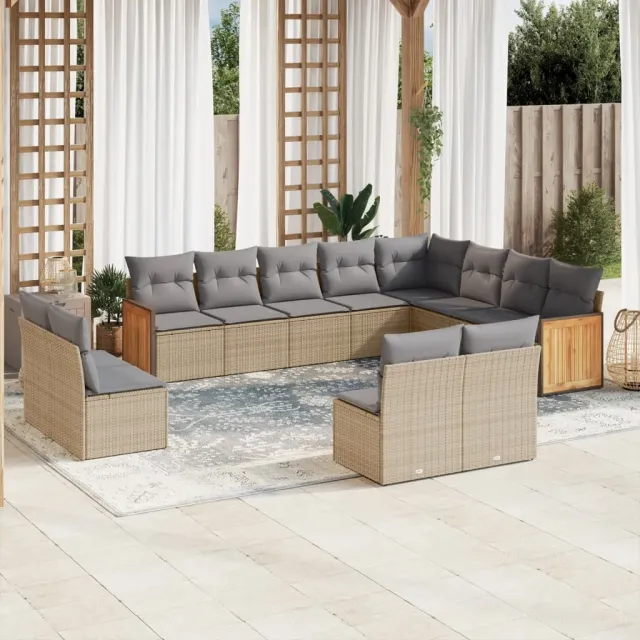 Salon de jardin avec coussins 12 pcs beige résine tressée