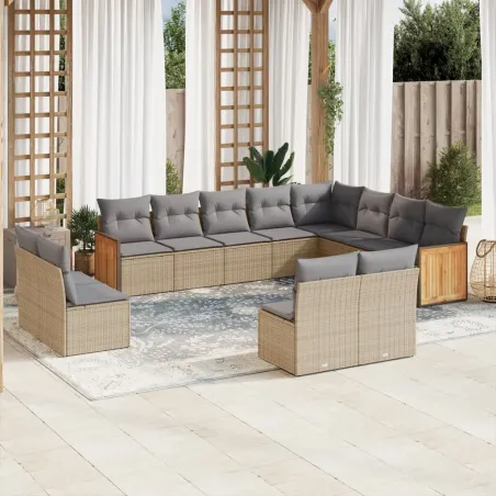 Salon de jardin avec coussins 12 pcs beige résine tressée