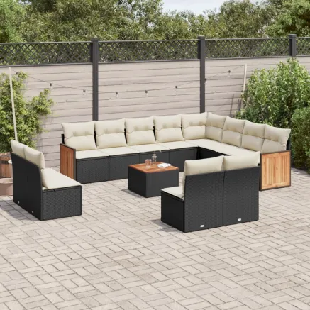 Salon de jardin avec coussins 13 pcs noir résine tressée