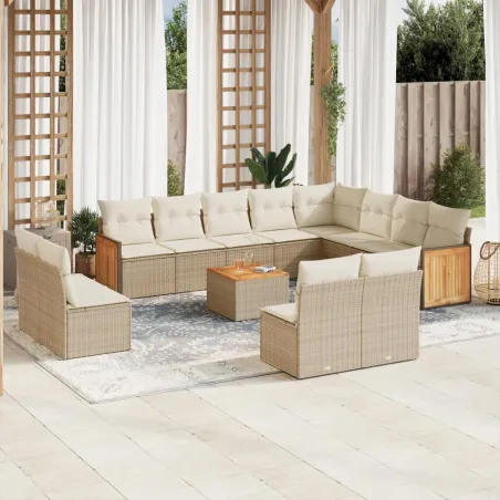 Salon de jardin avec coussins 13 pcs beige résine tressée