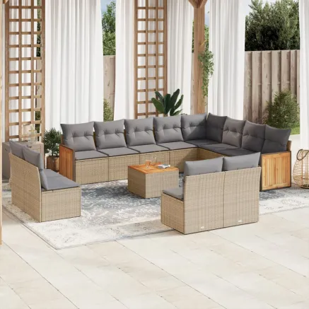 Salon de jardin avec coussins 13 pcs beige résine tressée