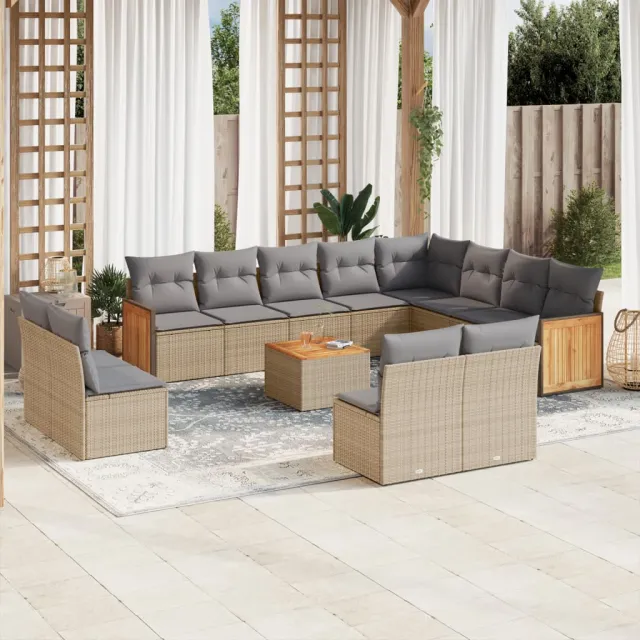 Salon de jardin avec coussins 13 pcs beige résine tressée