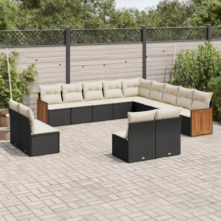 Salon de jardin avec coussins 13 pcs noir résine tressée
