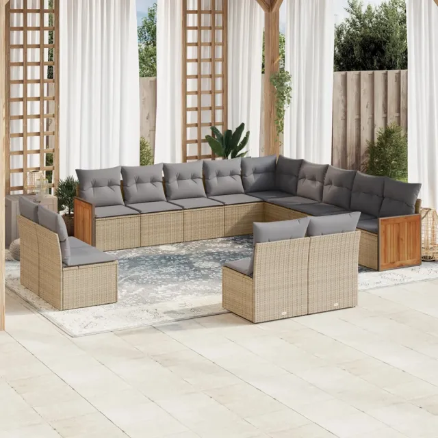 Salon de jardin avec coussins 13 pcs beige résine tressée