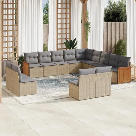 Salon de jardin avec coussins 13 pcs beige résine tressée
