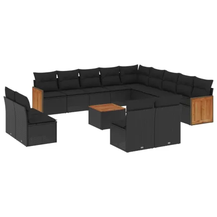 Salon de jardin avec coussins 14 pcs noir résine tressée 2