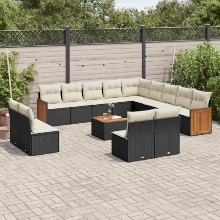 Salon de jardin avec coussins 14 pcs noir résine tressée